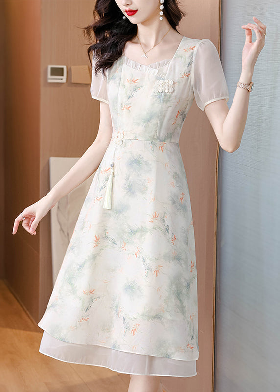 Italian Beige Ruffled Square Collar Print Chiffon Dresses Summer BB007 Hawaii-SDL240622