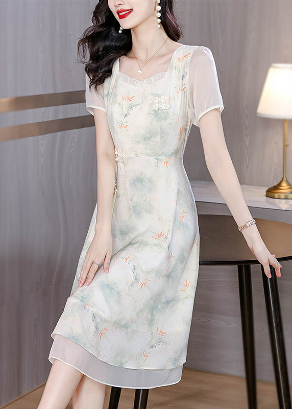 Italian Beige Ruffled Square Collar Print Chiffon Dresses Summer BB007 Hawaii-SDL240622