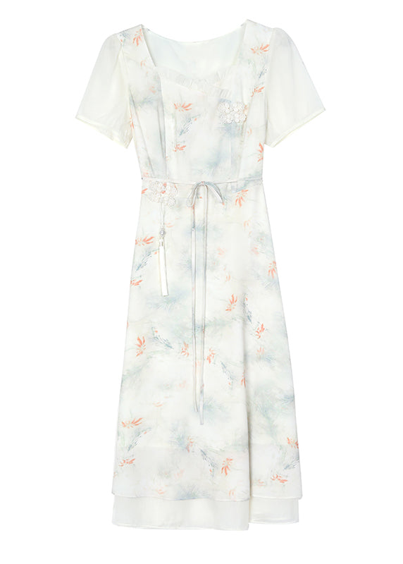 Italian Beige Ruffled Square Collar Print Chiffon Dresses Summer BB007 Hawaii-SDL240622