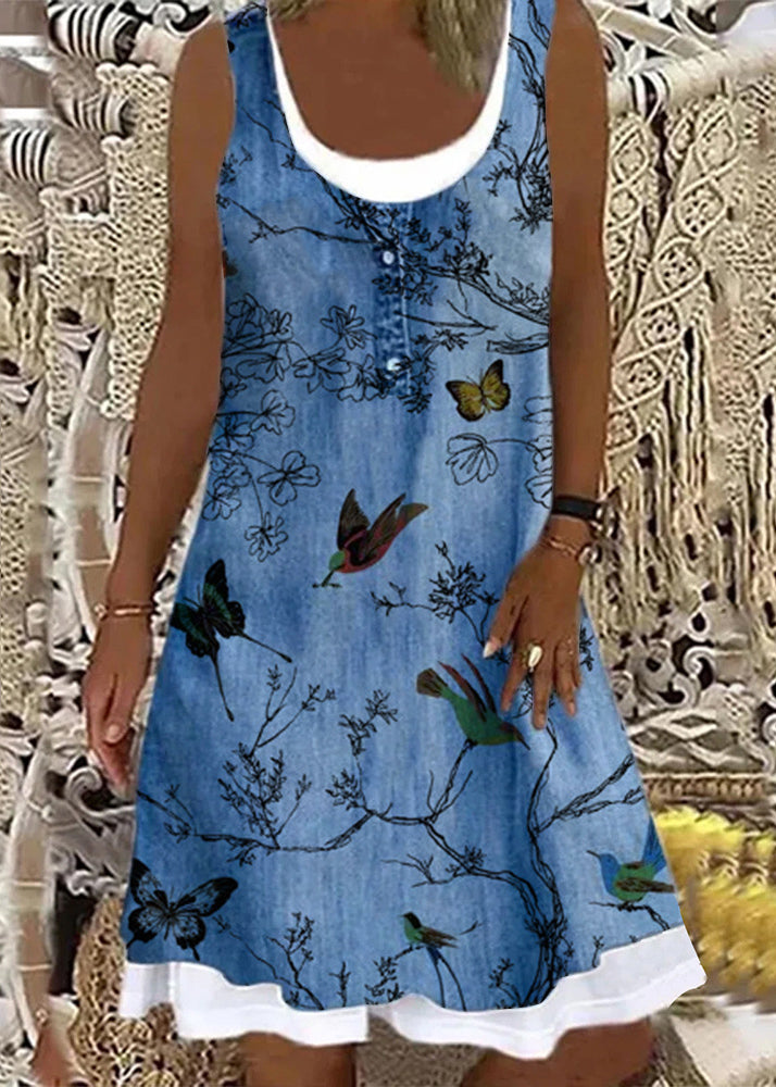 Italian Bird Print False Two Pieces Denim Mid Dress Sleeveless AA1026 Ada Fashion