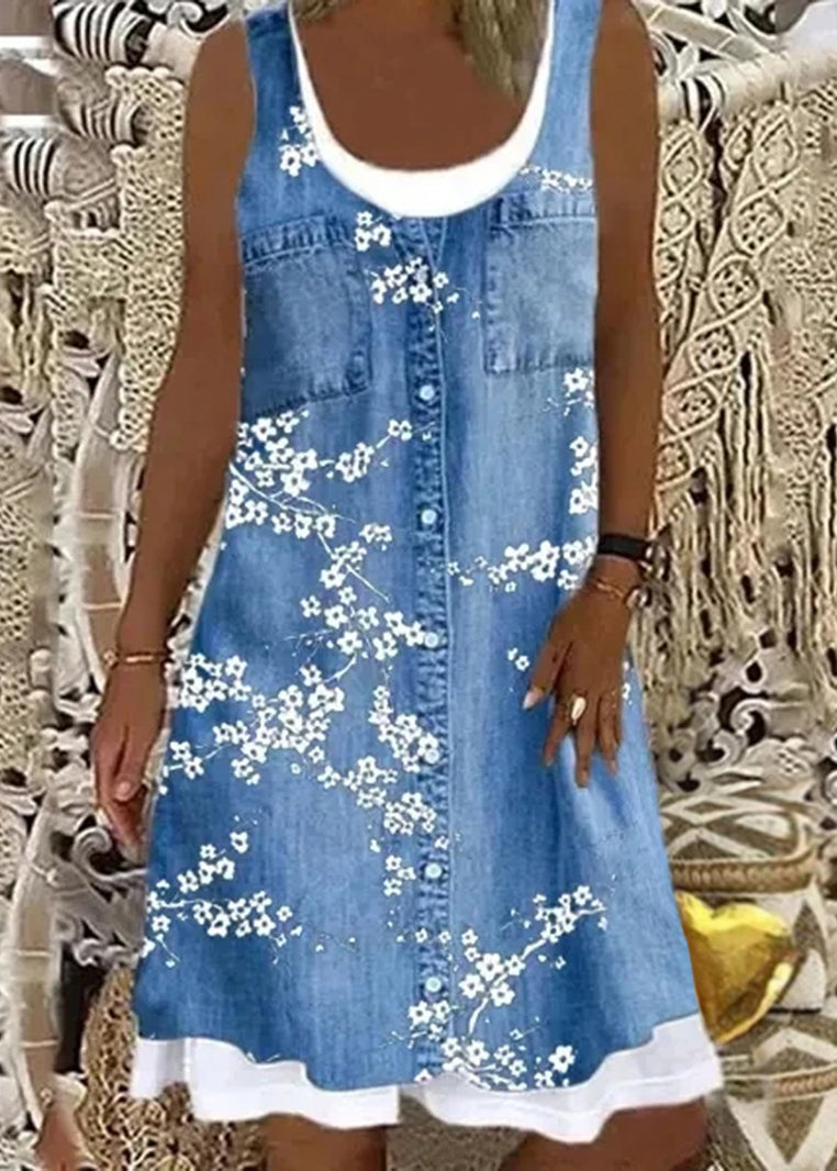 Italian Bird Print False Two Pieces Denim Mid Dress Sleeveless AA1026 Ada Fashion