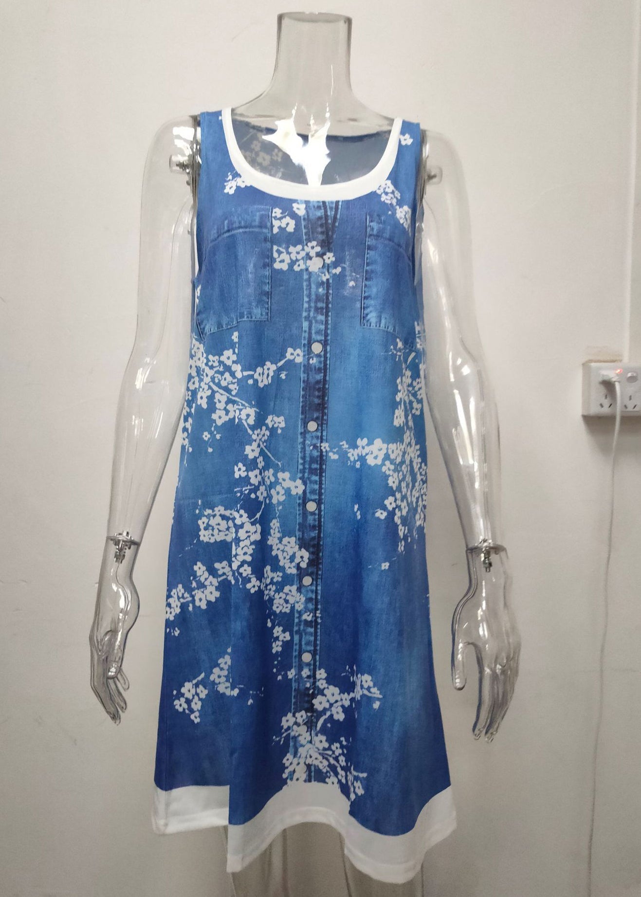 Italian Bird Print False Two Pieces Denim Mid Dress Sleeveless AA1026 Ada Fashion