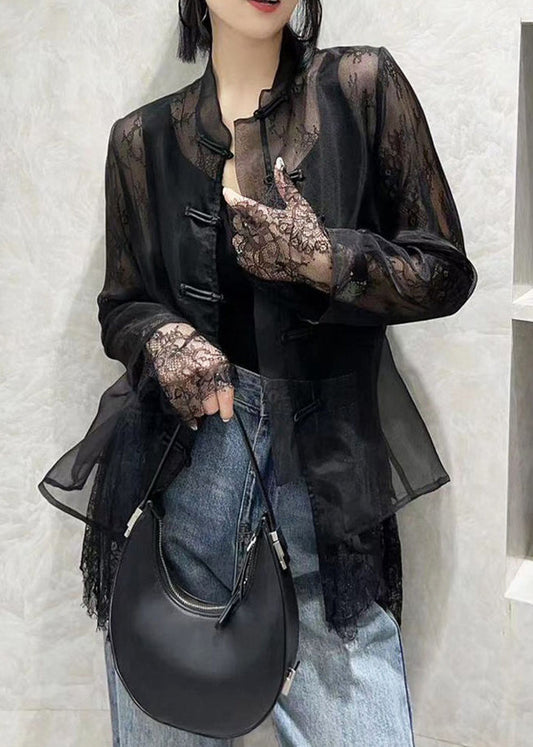 Italian Black Button Lace Patchwork Tulle Shirts Long Sleeve QA1010 Ada Fashion