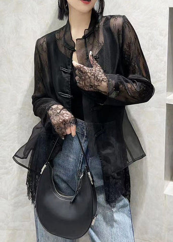 Italian Black Button Lace Patchwork Tulle Shirts Long Sleeve QA1010 Ada Fashion