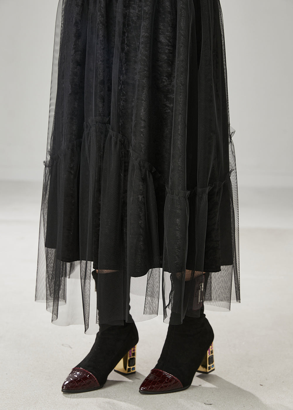 Italian Black Elastic Waist Tulle A Line Skirt Spring YU1020 Ada Fashion