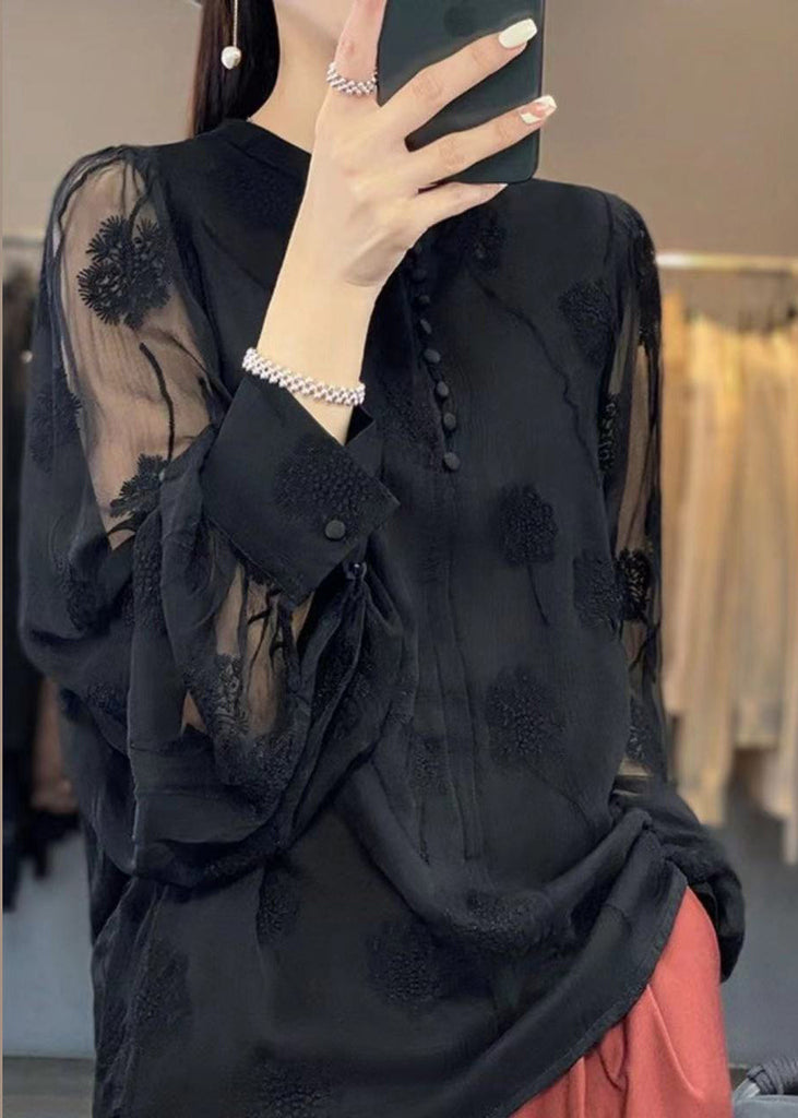 Italian Black Embroidered Button Chiffon Shirt Long Sleeve GH1065 Ada Fashion