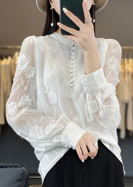 Italian Black Embroidered Button Chiffon Shirt Long Sleeve GH1065 Ada Fashion