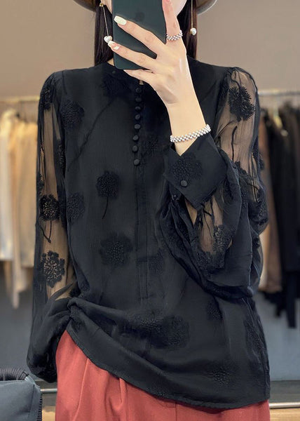 Italian Black Embroidered Button Chiffon Shirt Long Sleeve GH1065 Ada Fashion