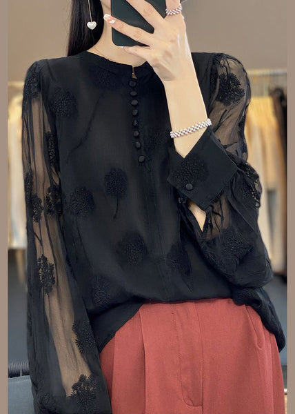 Italian Black Embroidered Button Chiffon Shirt Long Sleeve GH1065 Ada Fashion