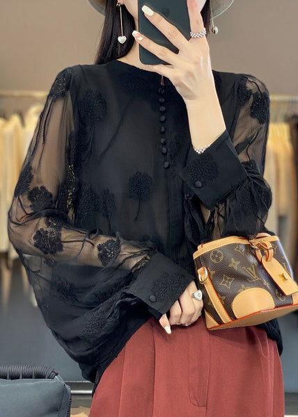 Italian Black Embroidered Button Chiffon Shirt Long Sleeve GH1065 Ada Fashion