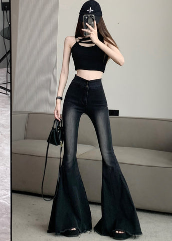 Italian Black High Waist Denim Flared Pants Trousers Spring YP045 ABC