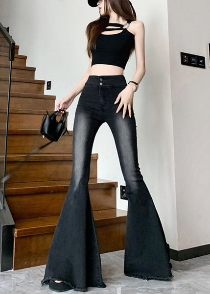 Italian Black High Waist Denim Flared Pants Trousers Spring YP045 ABC