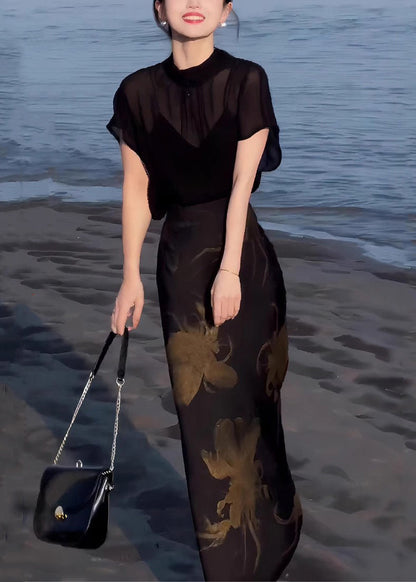 Tops Lace Two Skirts Chiffon Pieces Up And Black Print Italian FashionChic