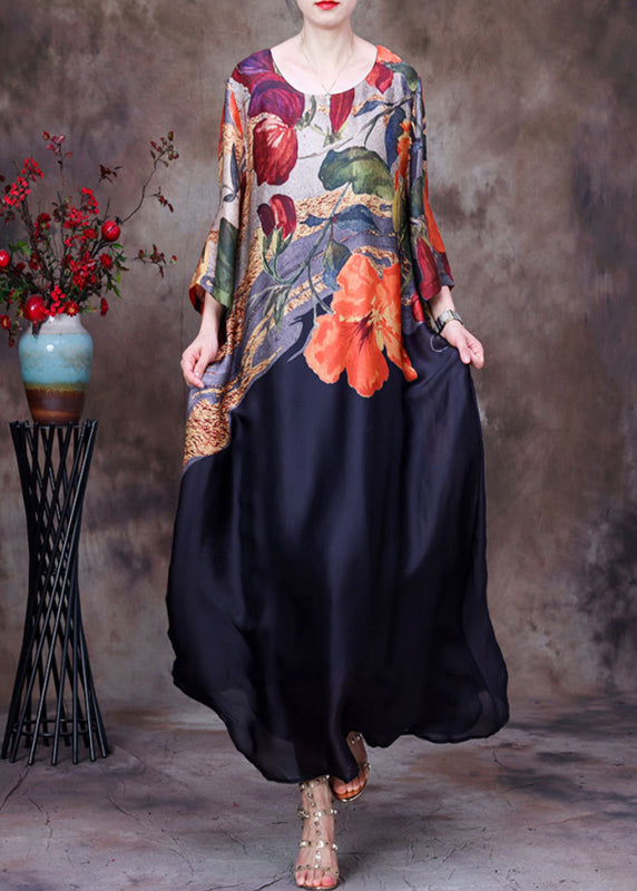 Italian Black O Neck Print Pockets Silk Long Dress Summer AA1031 Ada Fashion