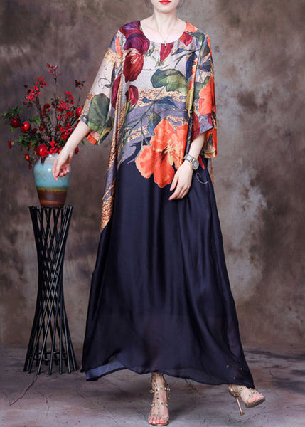 Italian Black O Neck Print Pockets Silk Long Dress Summer AA1031 Ada Fashion