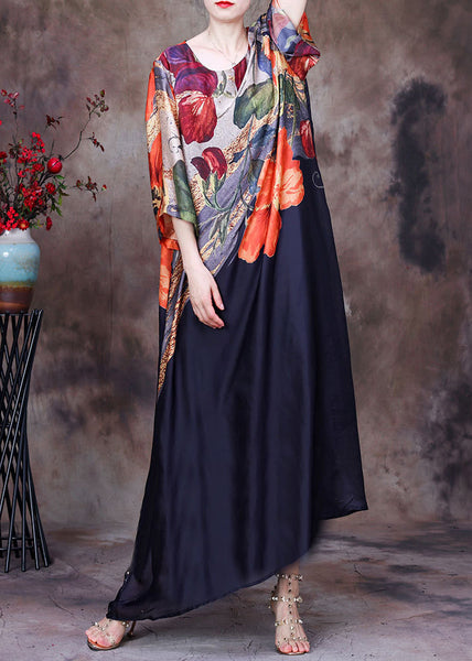 Italian Black O Neck Print Pockets Silk Long Dress Summer AA1031 Ada Fashion