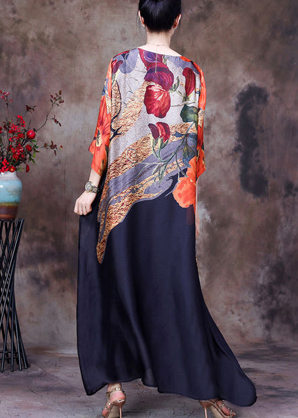 Italian Black O Neck Print Pockets Silk Long Dress Summer AA1031 Ada Fashion