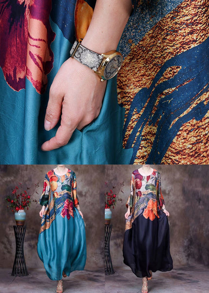 Italian Black O Neck Print Pockets Silk Long Dress Summer AA1031 Ada Fashion