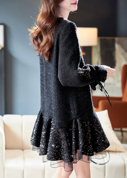 Italian Black O Neck Tulle Sequins Patchwork Dresses Spring RL026 ABC