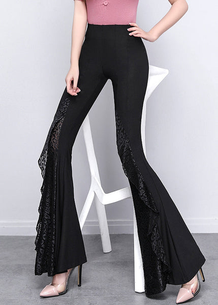 Italian Black Patchwork Lace Tummy Control Spandex Flared Trousers Spring YP040 ABC