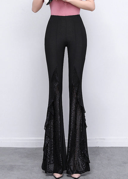 Italian Black Patchwork Lace Tummy Control Spandex Flared Trousers Spring YP040 ABC