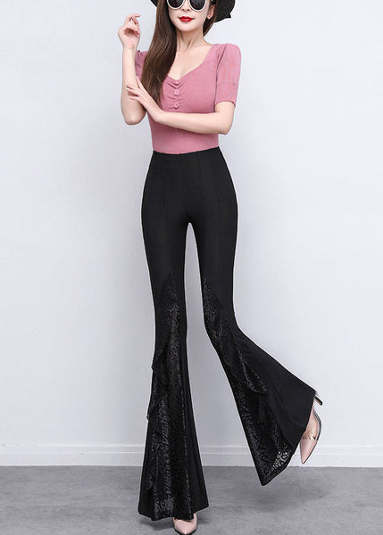 Italian Black Patchwork Lace Tummy Control Spandex Flared Trousers Spring YP040 ABC