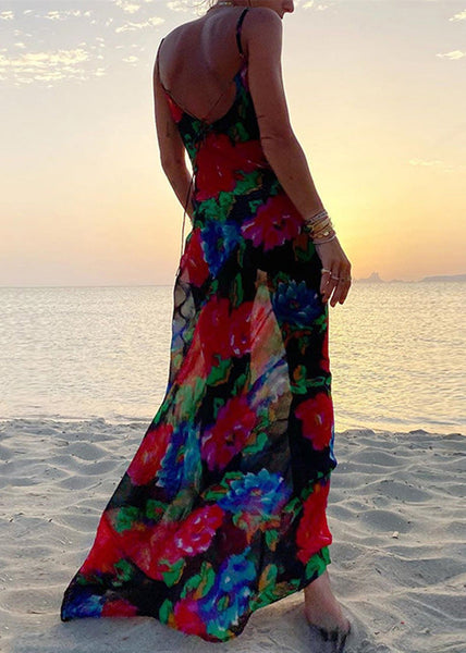 Black Strap Print Summer Italian Dress Chiffon Spaghetti FashionChic