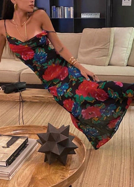 Black Strap Print Summer Italian Dress Chiffon Spaghetti FashionChic