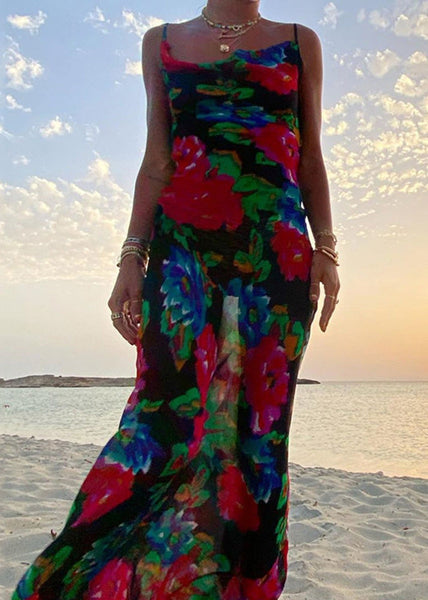 Black Strap Print Summer Italian Dress Chiffon Spaghetti FashionChic