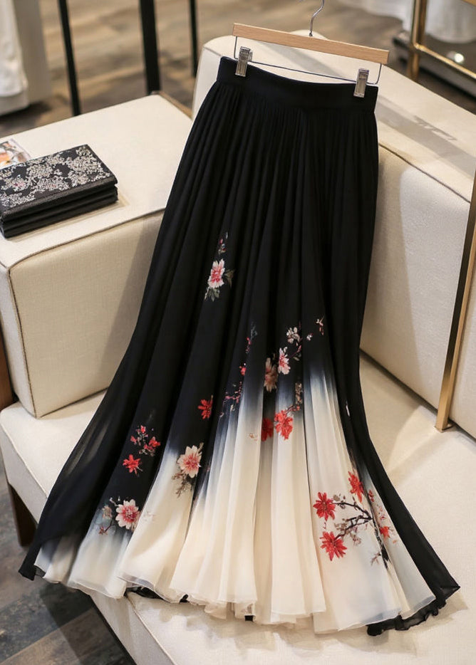 Elastic Skirts Black Chiffon Print Italian Waist Summer FashionChic