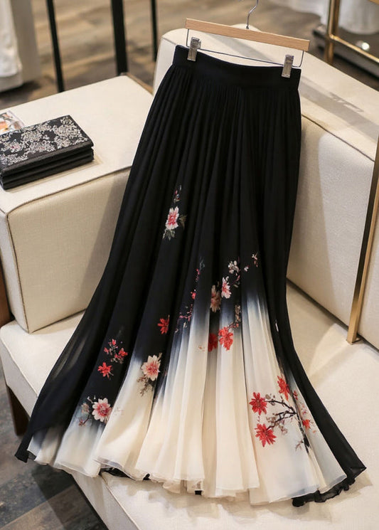 Elastic Skirts Black Chiffon Print Italian Waist Summer FashionChic