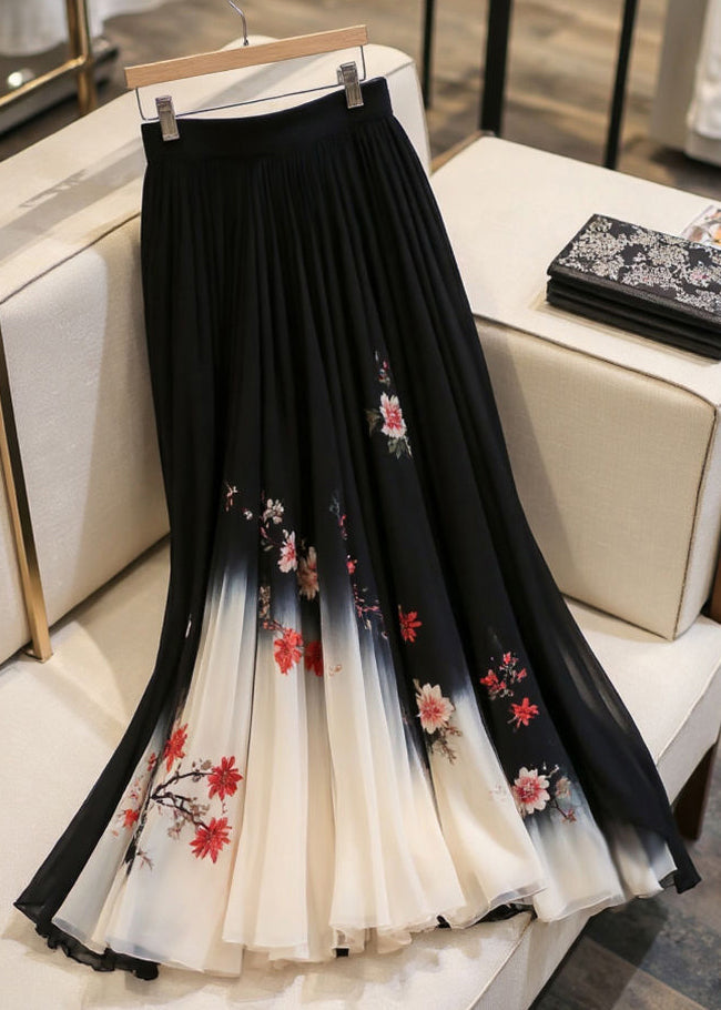 Elastic Skirts Black Chiffon Print Italian Waist Summer FashionChic