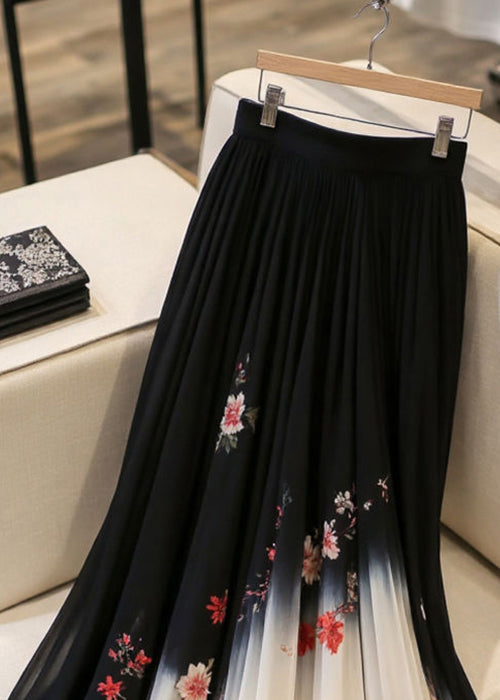 Elastic Skirts Black Chiffon Print Italian Waist Summer FashionChic