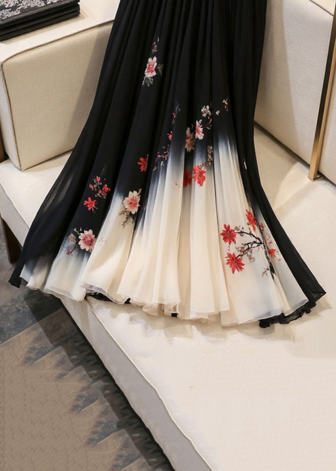 Elastic Skirts Black Chiffon Print Italian Waist Summer FashionChic