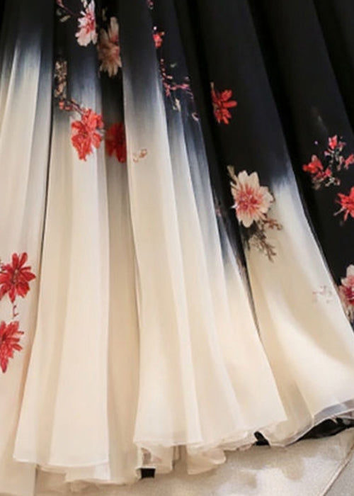 Elastic Skirts Black Chiffon Print Italian Waist Summer FashionChic
