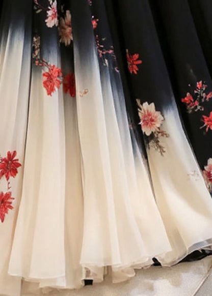 Elastic Skirts Black Chiffon Print Italian Waist Summer FashionChic