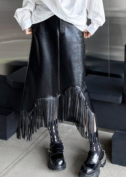 Italian Black Tasseled Patchwork Faux Leather Skirts Winter RS053 ABC