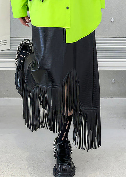 Italian Black Tasseled Patchwork Faux Leather Skirts Winter RS053 ABC