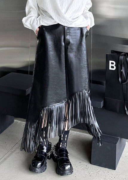 Italian Black Tasseled Patchwork Faux Leather Skirts Winter RS053 ABC