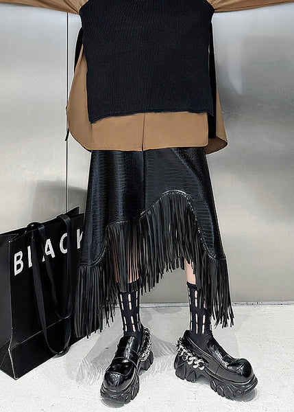 Italian Black Tasseled Patchwork Faux Leather Skirts Winter RS053 ABC