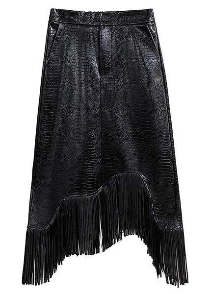 Italian Black Tasseled Patchwork Faux Leather Skirts Winter RS053 ABC