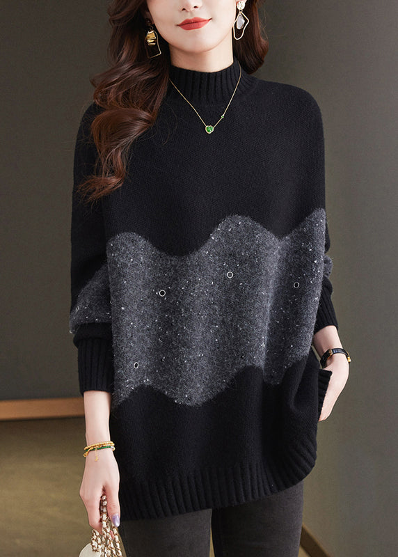 Italian Black Turtleneck Patchwork Thick Wool Knit Sweaters Winter TE034 ABC