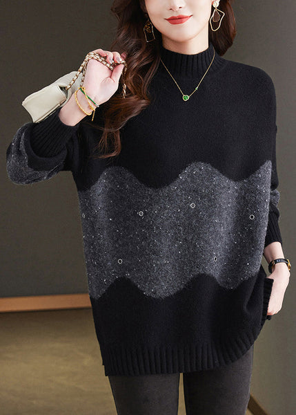 Italian Black Turtleneck Patchwork Thick Wool Knit Sweaters Winter TE034 ABC