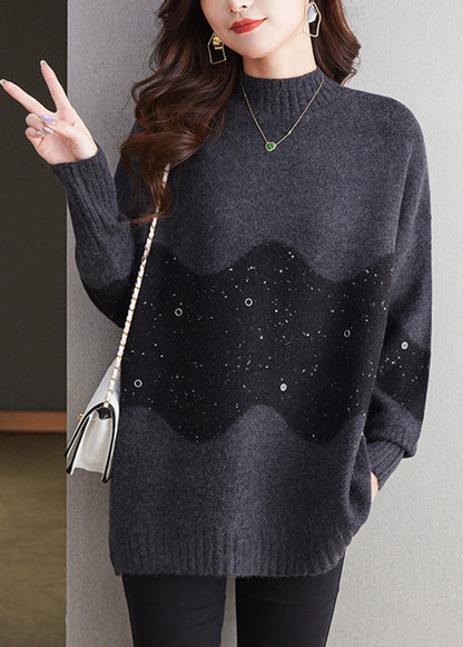 Italian Black Turtleneck Patchwork Thick Wool Knit Sweaters Winter TE034 ABC