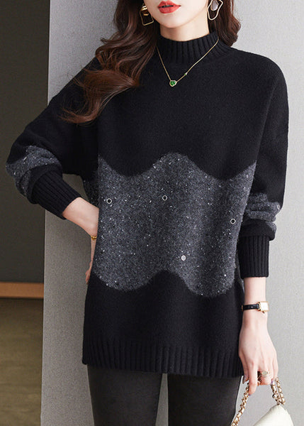 Italian Black Turtleneck Patchwork Thick Wool Knit Sweaters Winter TE034 ABC