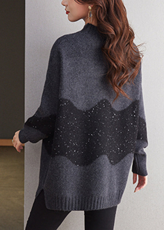 Italian Black Turtleneck Patchwork Thick Wool Knit Sweaters Winter TE034 ABC