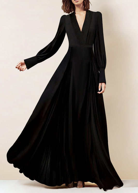 Italian Black V Neck Wrinkled Zippered Chiffon Maxi Dresses Fall AM1028 Genistyle Shop