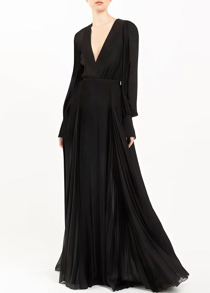 Italian Black V Neck Wrinkled Zippered Chiffon Maxi Dresses Fall AM1028 Genistyle Shop