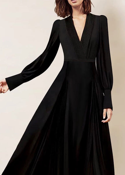 Italian Black V Neck Wrinkled Zippered Chiffon Maxi Dresses Fall AM1028 Genistyle Shop