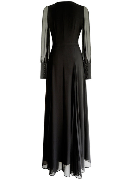 Italian Black V Neck Wrinkled Zippered Chiffon Maxi Dresses Fall AM1028 Genistyle Shop